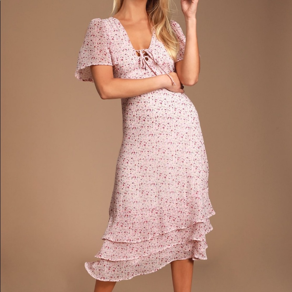 Blush pink floral ruffled lace up midi dress